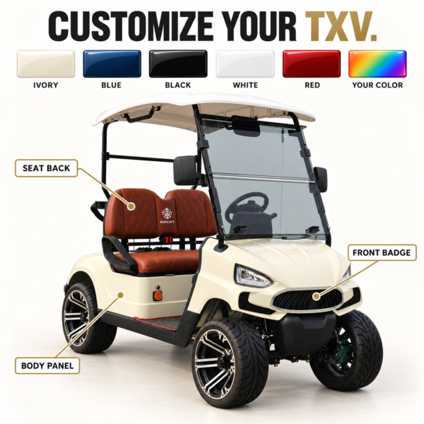 Custom Colors and Branding for TXV 2+0 Custom color and logo placement options for the TXV 2+0 electric golf cart