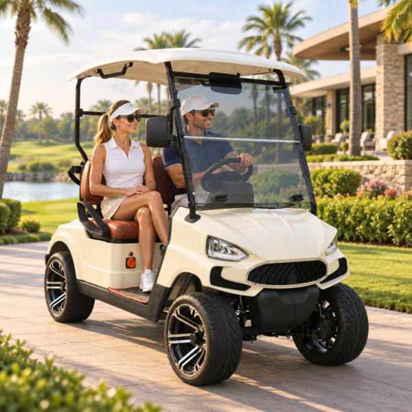 TXV 2+0 Golf Club Lifestyle Cart TXV 2+0 ivory electric golf cart carrying two golfers at a private golf club