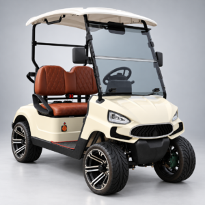 Ivory TXV 2+0 electric golf cart with brown two-passenger seat and road tires