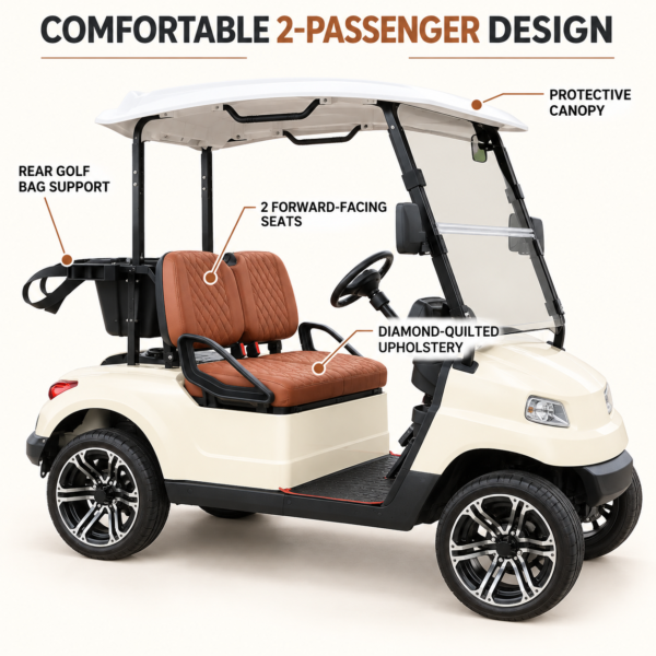 TXV 2+0 Two-Passenger Comfort Features TXV 2+0 electric golf cart with two forward-facing seats, quilted upholstery and rear golf bag support