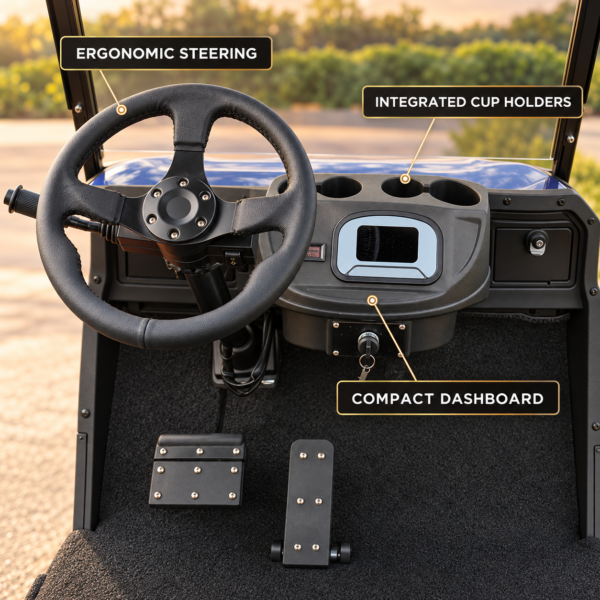 TXV 2+2 Cockpit and Dashboard TXV 2+2 golf cart cockpit with ergonomic steering wheel, compact dashboard and cup holders