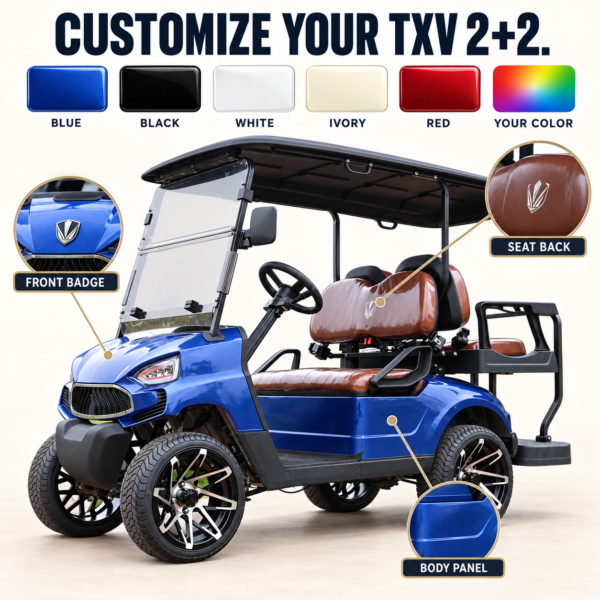 Custom Colors and Branding for TXV 2+2 Custom color and logo placement options for the TXV 2+2 electric golf cart