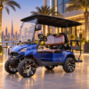 TXV 2+2 for Dubai Properties Metallic blue TXV 2+2 electric golf cart at a Dubai waterfront business property