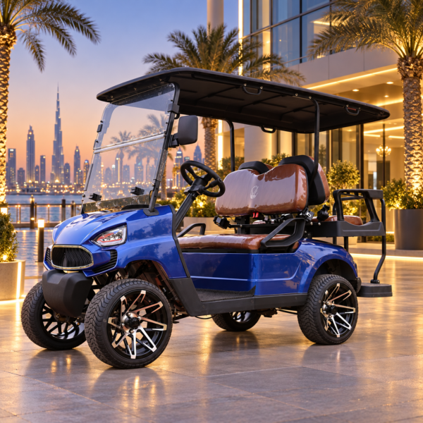 TXV 2+2 for Dubai Properties Metallic blue TXV 2+2 electric golf cart at a Dubai waterfront business property