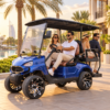 TXV 2+2 Four-Passenger Resort Cart Metallic blue TXV 2+2 electric golf cart carrying four guests at a Dubai resort
