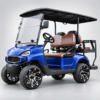 TXV 2+2 Metallic Blue Electric Golf Cart Metallic blue TXV 2+2 electric golf cart with front seats, rear-facing bench and 14-inch road tires