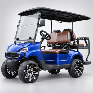 TXV 2+2 Metallic Blue Electric Golf Cart Metallic blue TXV 2+2 electric golf cart with front seats, rear-facing bench and 14-inch road tires