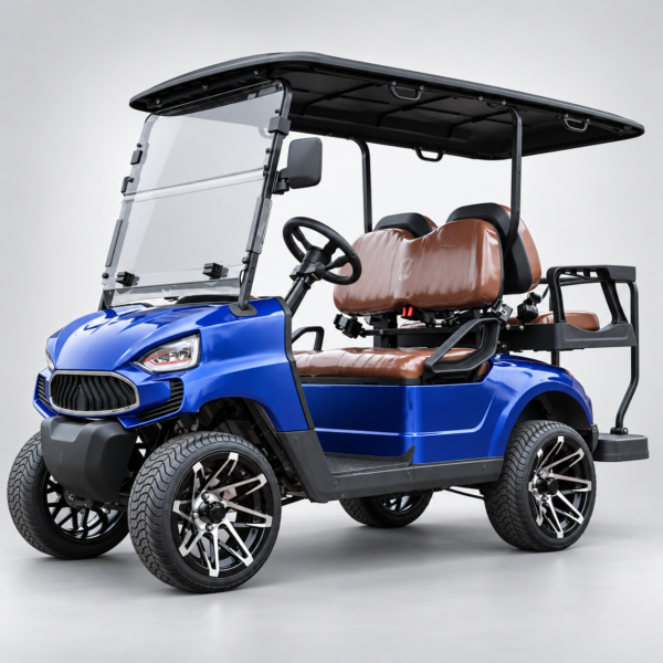 TXV 2+2 Metallic Blue Electric Golf Cart Metallic blue TXV 2+2 electric golf cart with front seats, rear-facing bench and 14-inch road tires
