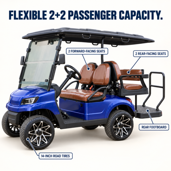 Spacious TXV 4+0 Four-Passenger Seating TXV 4+0 golf cart with four forward-facing seats in two rows and a full-length canopy