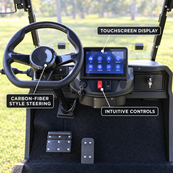 TXV 4+0 Touchscreen Cockpit TXV 4+0 golf cart cockpit with touchscreen display and carbon-fiber style steering wheel