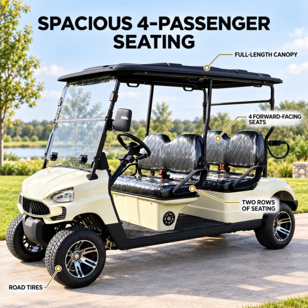 Spacious TXV 4+0 Four-Passenger Seating TXV 4+0 golf cart with four forward-facing seats in two rows and a full-length canopy