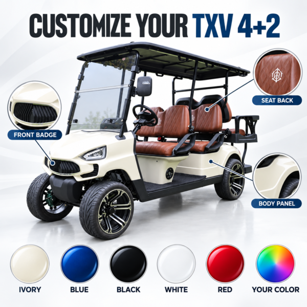 Custom Colors and Branding for TXV 4+2 Custom color and logo placement options for the TXV 4+2 electric golf cart