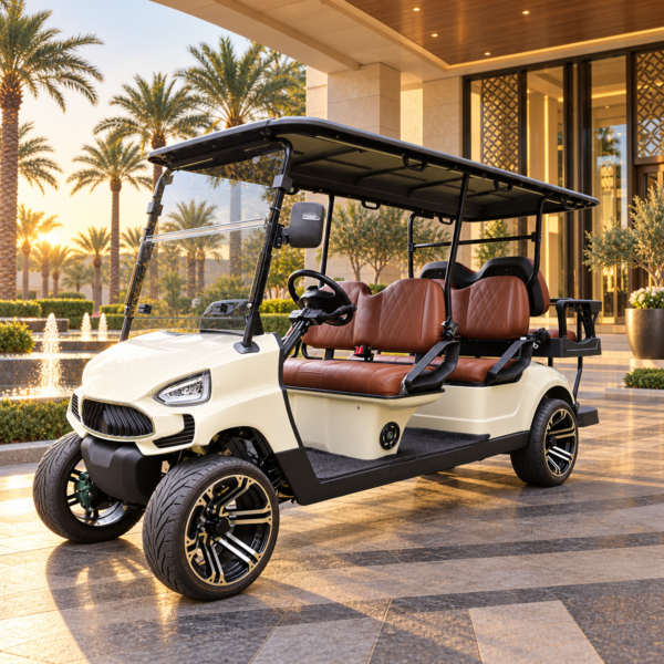 TXV 4+2 for Dubai Hotels and Properties Ivory TXV 4+2 six-passenger electric golf cart at a Dubai luxury hotel