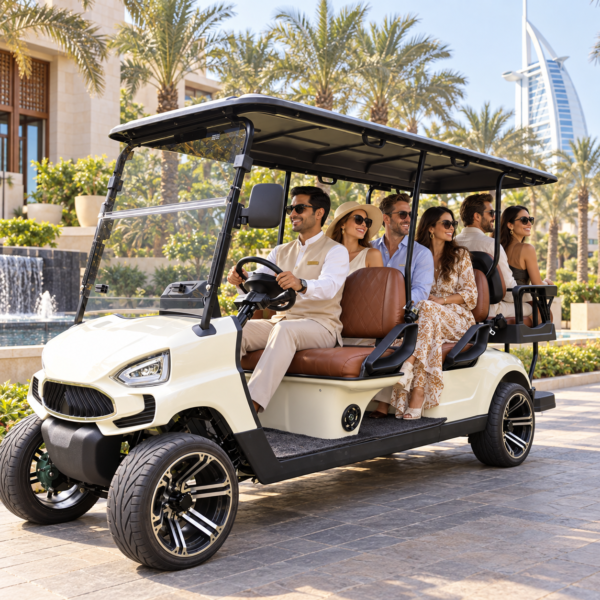 TXV 4+2 Six-Passenger Resort Cart Ivory TXV 4+2 electric golf cart carrying six guests at a Dubai resort