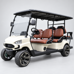 TXV 4+2 Ivory Six-Passenger Electric Golf Cart Ivory TXV 4+2 electric golf cart with six seats, rear-facing bench and road tires
