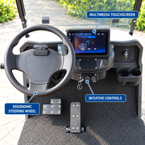 TXV 6+0 Multimedia Touchscreen Cockpit TXV 6+0 golf cart cockpit with multimedia touchscreen and ergonomic steering wheel