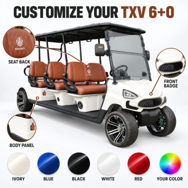 Custom Colors and Branding for TXV 6+0 Custom color and logo placement options for the TXV 6+0 electric golf cart