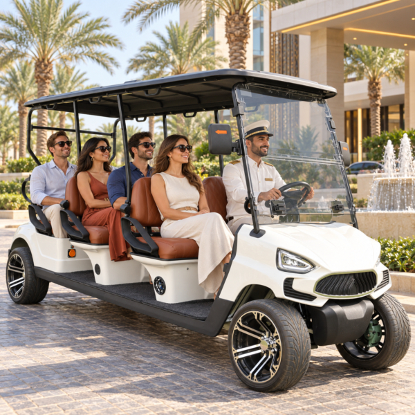 TXV 6+0 Six-Passenger Resort Cart Ivory TXV 6+0 electric golf cart carrying six passengers at a Dubai resort