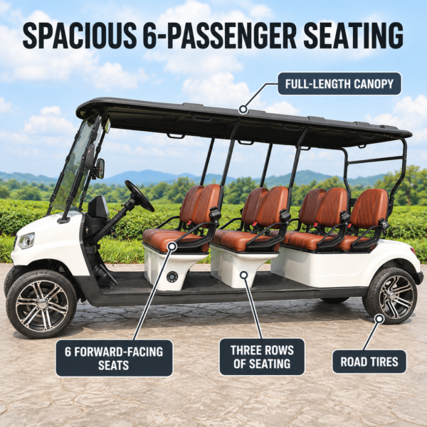 Spacious TXV 6+0 Six-Passenger Seating TXV 6+0 golf cart with six forward-facing seats in three rows and full-length canopy