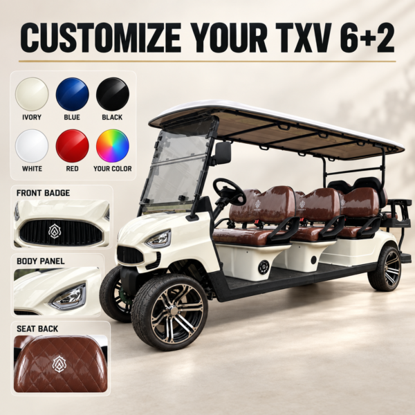 Custom Colors and Branding for TXV 6+2 Custom color and logo placement options for the TXV 6+2 electric golf cart