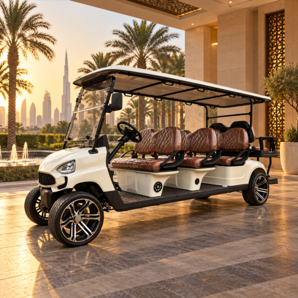 TXV 6+2 for Dubai Hotels and Properties Ivory TXV 6+2 eight-passenger electric golf cart at a Dubai luxury hotel
