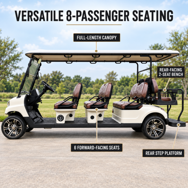 Versatile TXV 6+2 Eight-Passenger Seating TXV 6+2 golf cart with six forward-facing seats and rear-facing two-seat bench