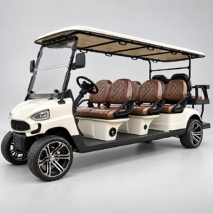 TXV 6+2 Ivory Eight-Passenger Electric Golf Cart Ivory TXV 6+2 electric golf cart with eight seats, rear-facing bench and road tires