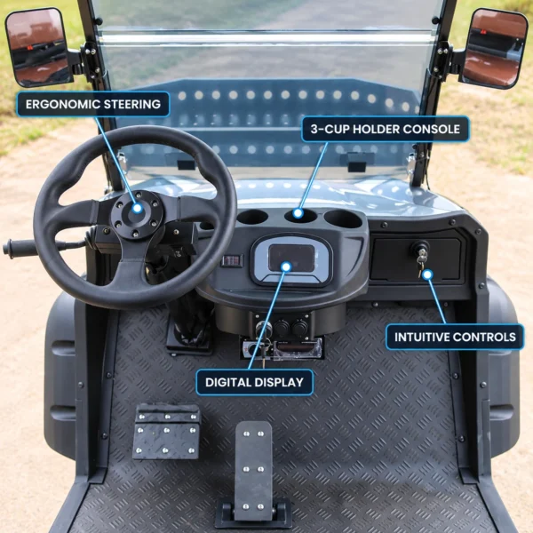 UTV 2+2 Driver Cockpit and Controls UTV 2+2 cockpit with digital display, three cup holders and ergonomic steering wheel