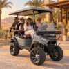 UTV 2+2 Off-Road Resort Transport Gray UTV 2+2 electric golf cart carrying four adults at a desert resort