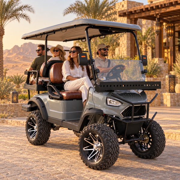 UTV 2+2 Off-Road Resort Transport Gray UTV 2+2 electric golf cart carrying four adults at a desert resort