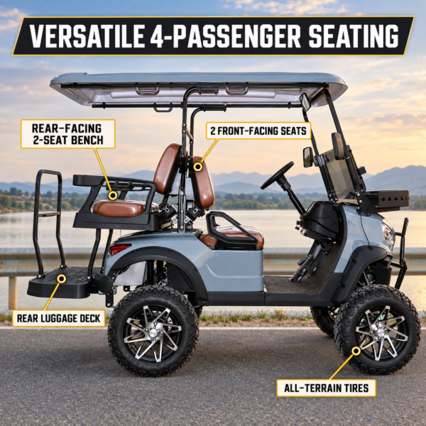 UTV 2+2 Four-Passenger Off-Road Seating Gray UTV 2+2 with two front-facing seats, rear-facing bench and all-terrain tires