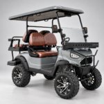 Gray UTV 2+2 electric golf cart with lifted suspension and all-terrain tires