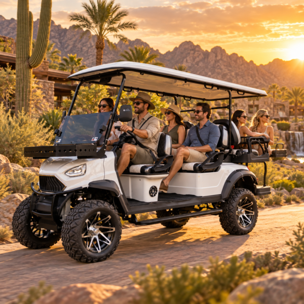 White UTV 4+2 electric cart carrying six guests at a desert adventure resort