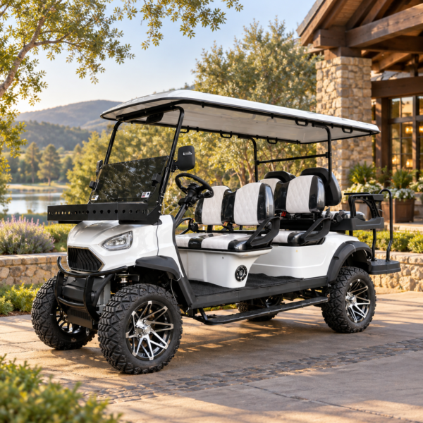 White UTV 4+2 six-passenger electric cart at a luxury eco resort