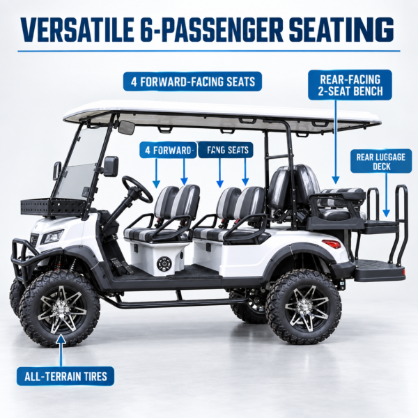 UTV 4+2 with four forward-facing seats and rear-facing two-seat bench