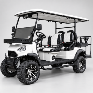 White UTV 4+2 electric golf cart with six seats and all-terrain tires