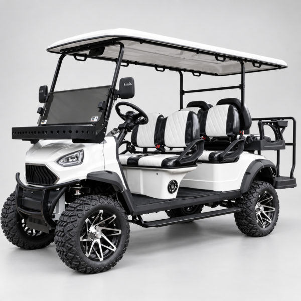 White UTV 4+2 electric golf cart with six seats and all-terrain tires